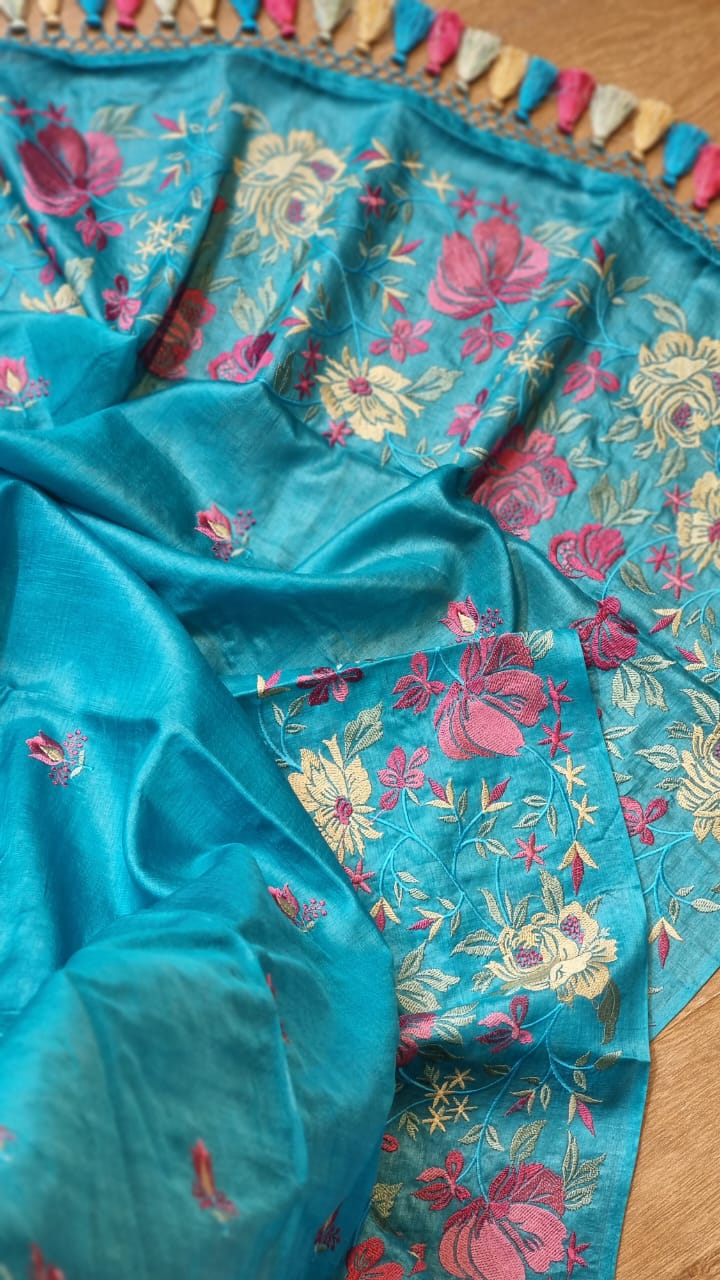 Pure Tussar Silk Border Embroidery Saree - fabric texture close-up