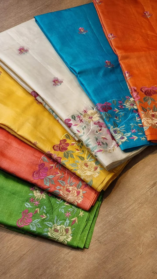 Pure Tussar Silk Border Embroidery Saree - front full view