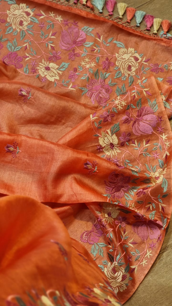 Pure Tussar Silk Border Embroidery Saree - Brick Red shade