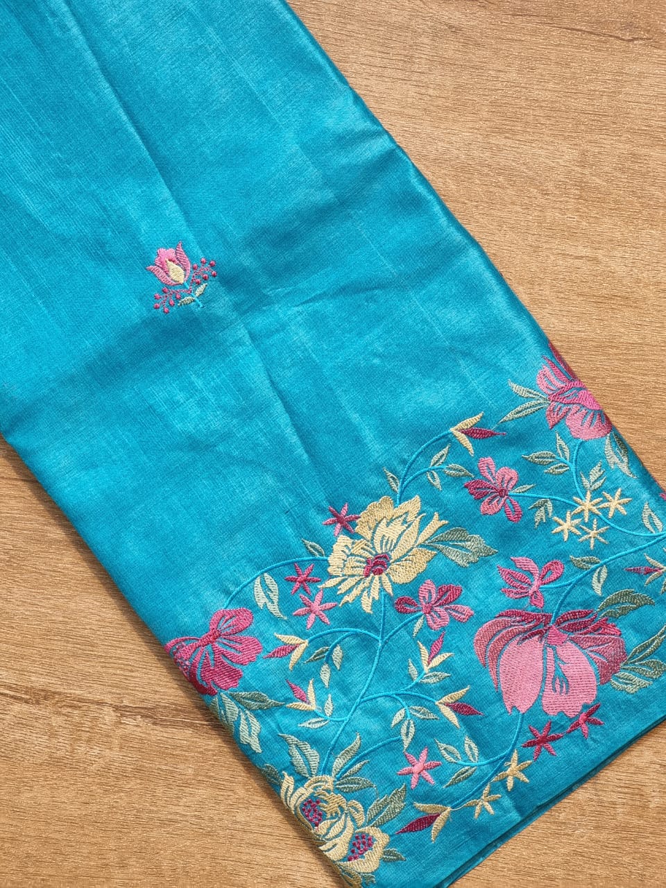 Pure Tussar Silk Border Embroidery Saree - draped side view