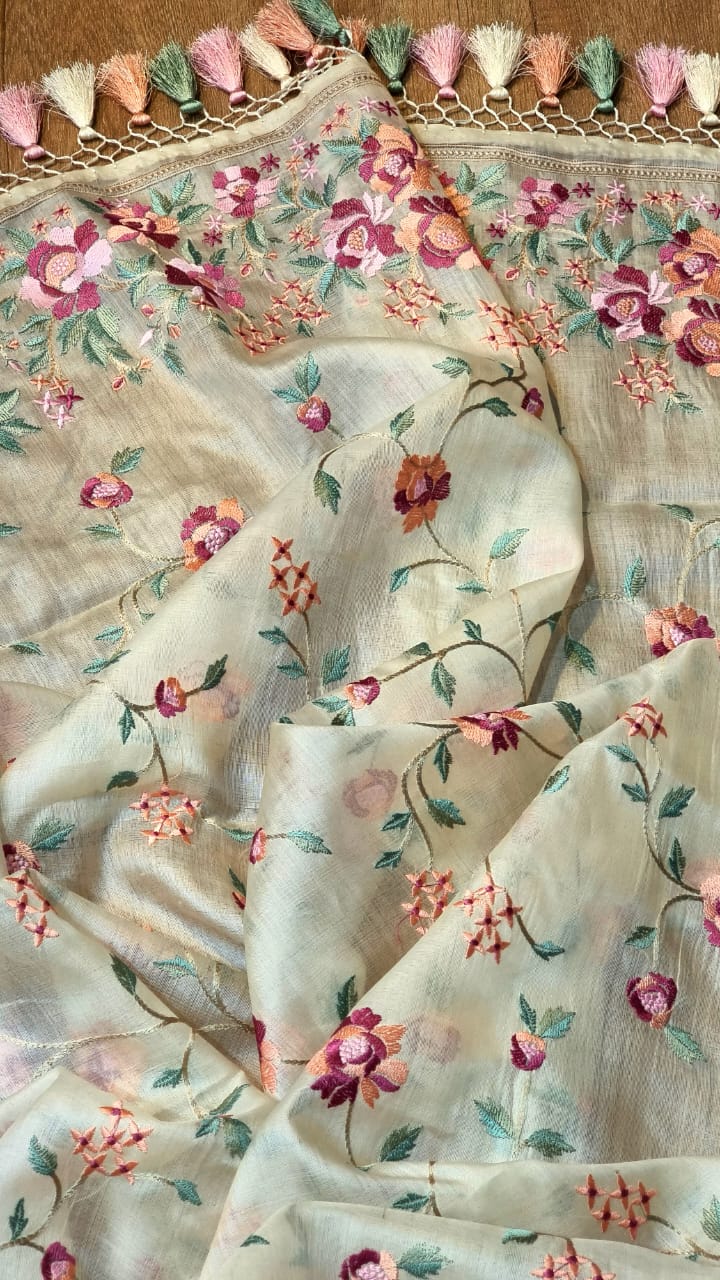 Pure Tussar Silk Floral Jaal Saree - draped side view