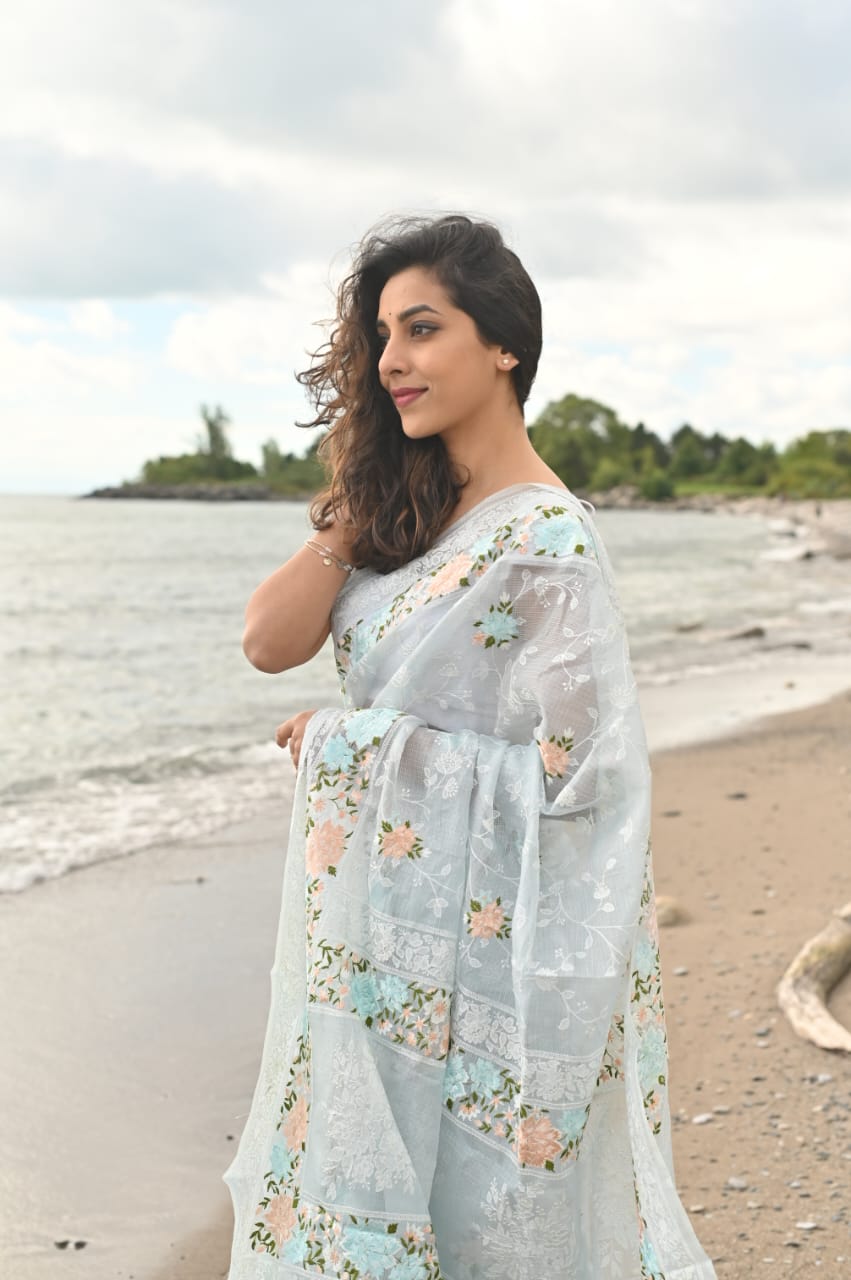 Pure Tusser Kota Embroidery Paithni Border Chikankari Jaal Saree with plain blouse and special tassels - Resham Wala