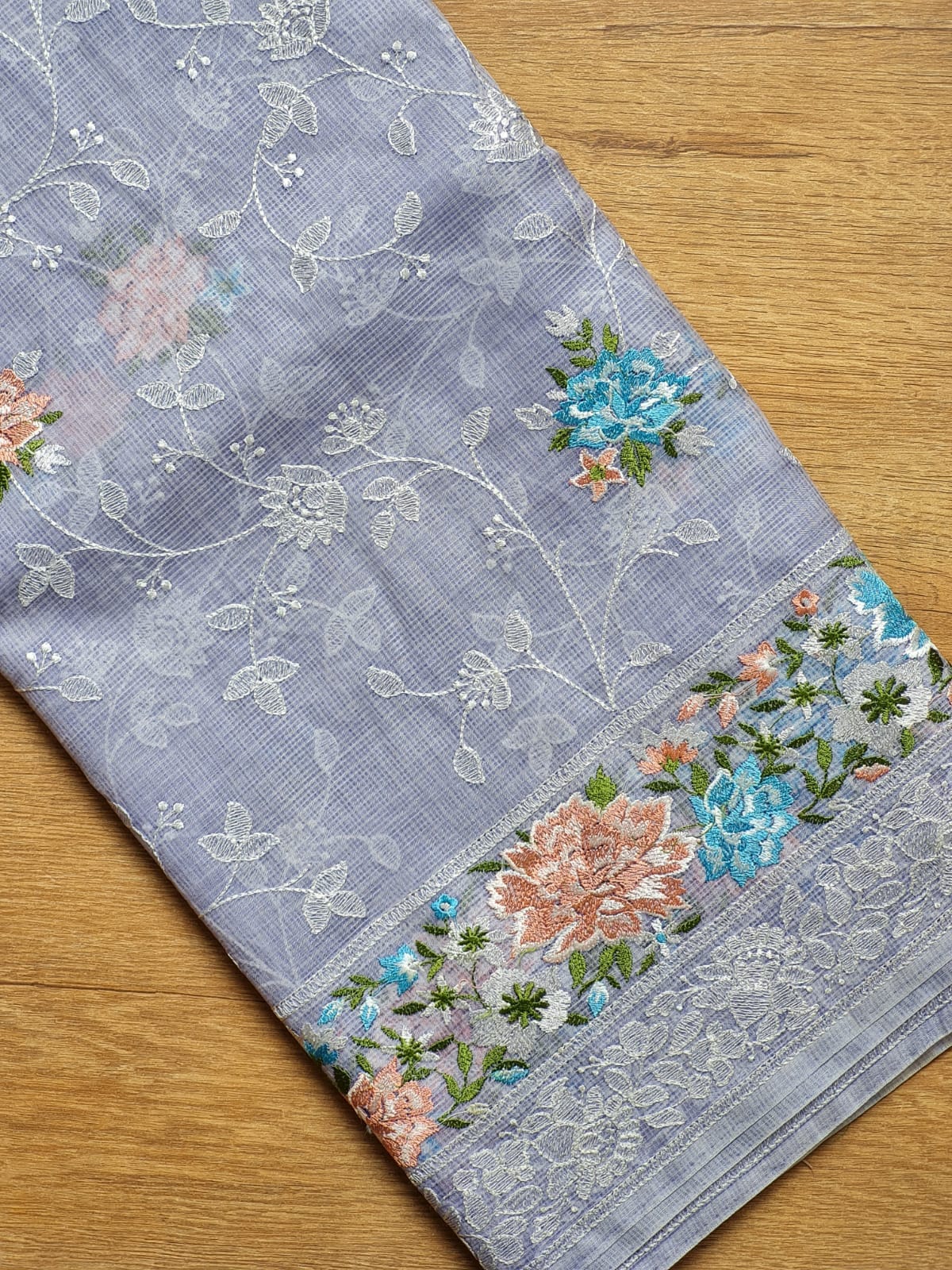 Pure Tusser Kota Embroidery Paithni Border Chikankari Jaal Saree with plain blouse and special tassels - Resham Wala