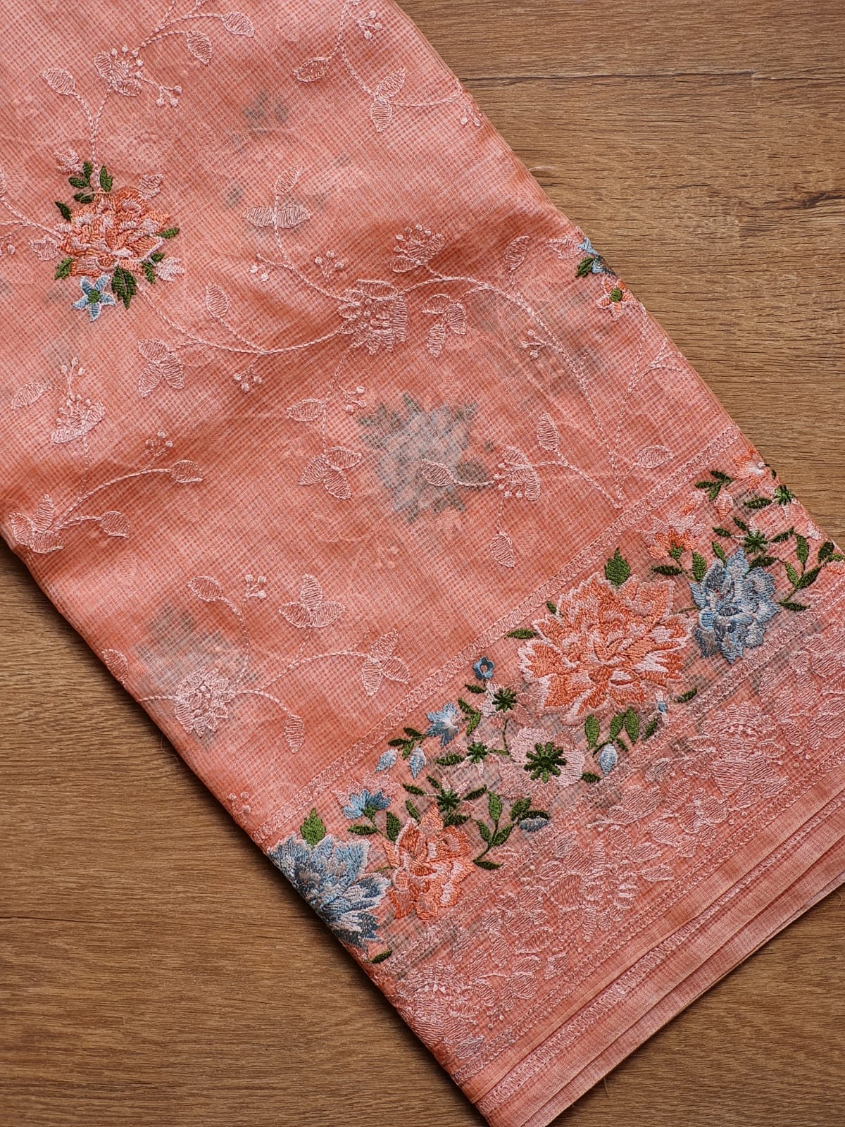 Pure Tusser Kota Embroidery Paithni Border Chikankari Jaal Saree with plain blouse and special tassels - Resham Wala