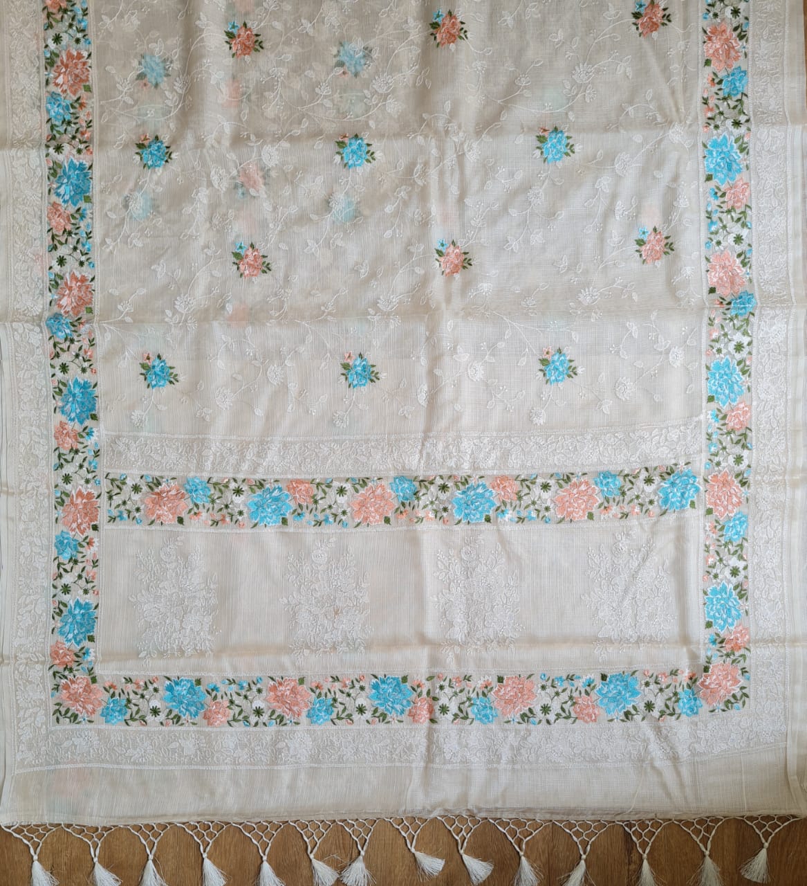 Pure Tusser Kota Embroidery Paithni Border Chikankari Jaal Saree with plain blouse and special tassels - Resham Wala