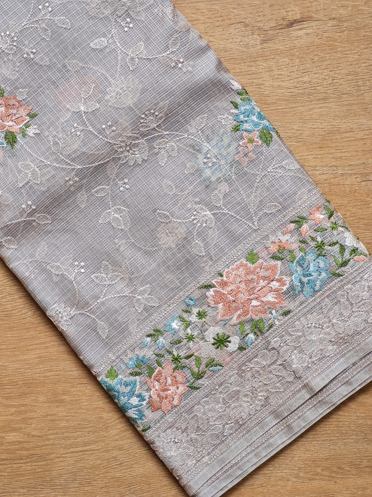 Pure Tusser Kota Embroidery Paithni Border Chikankari Jaal Saree with plain blouse and special tassels - Resham Wala