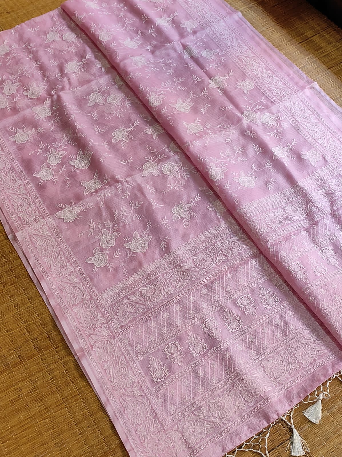 Pure Tusser Kota Silk Saree with Chikankari Embroidery Work - Resham Wala