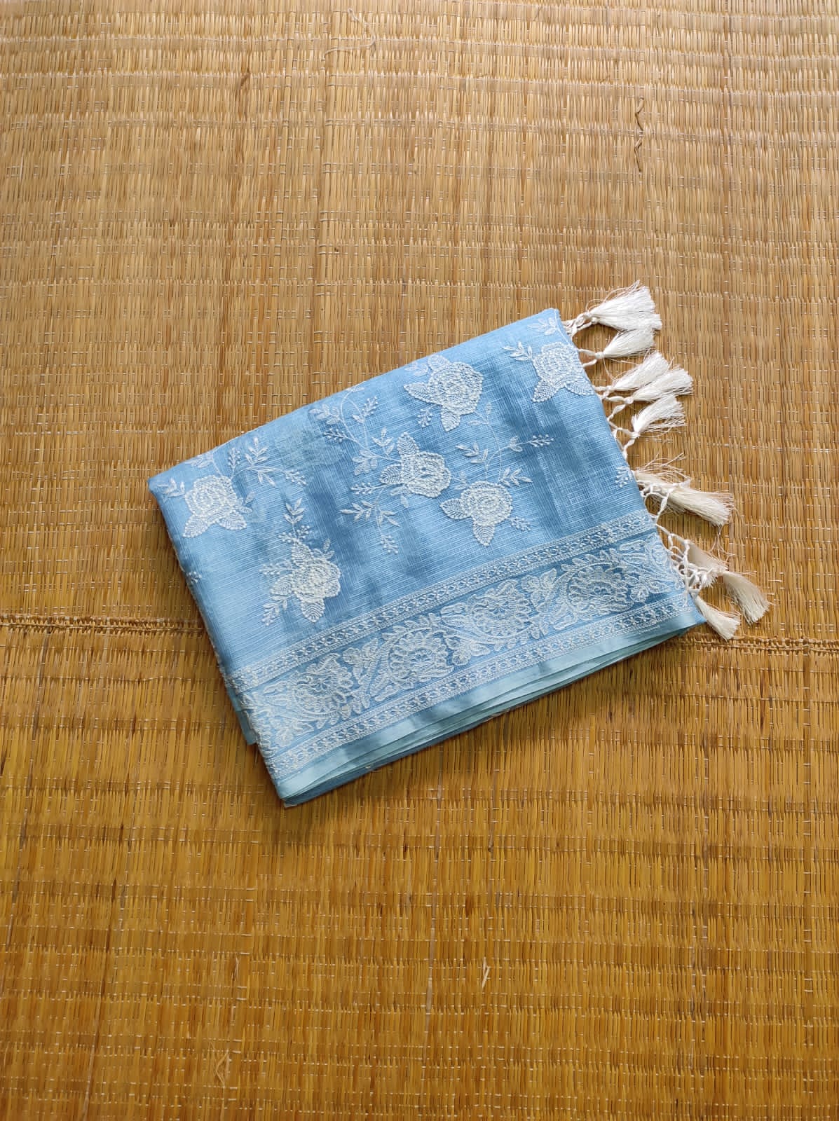 Pure Tusser Kota Silk Saree with Chikankari Embroidery Work - Resham Wala