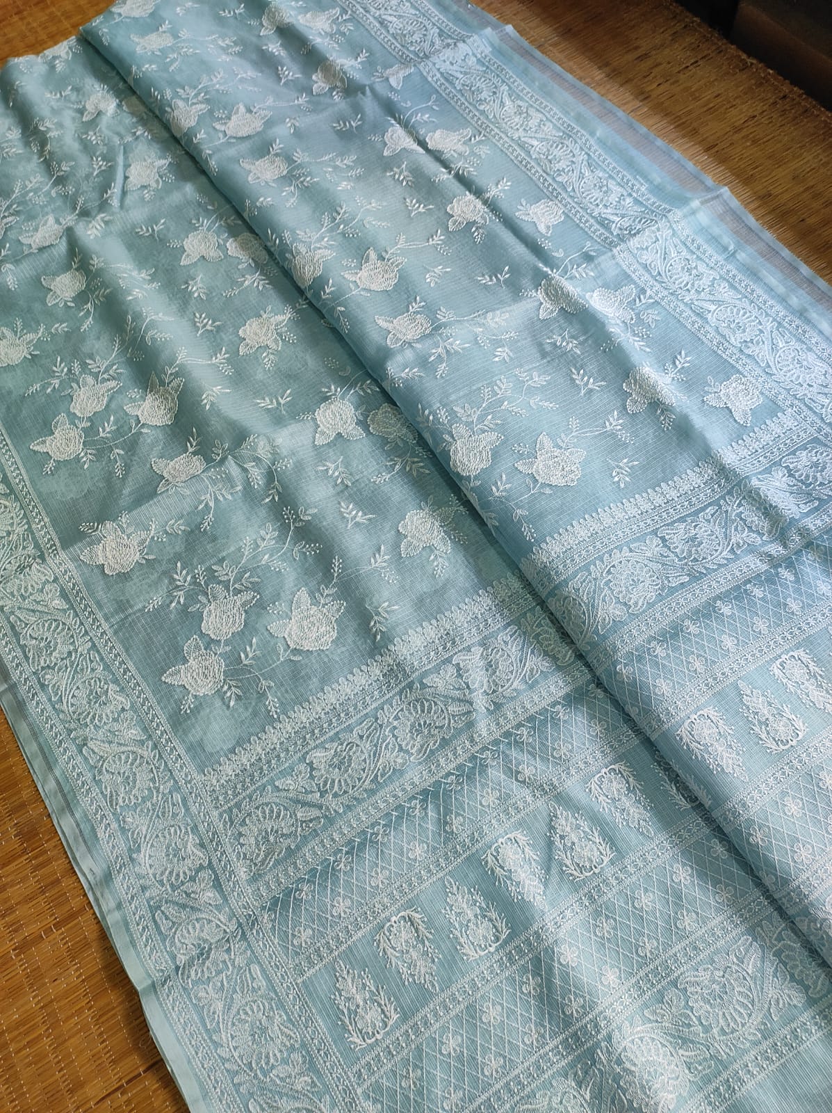 Pure Tusser Kota Silk Saree with Chikankari Embroidery Work - Resham Wala
