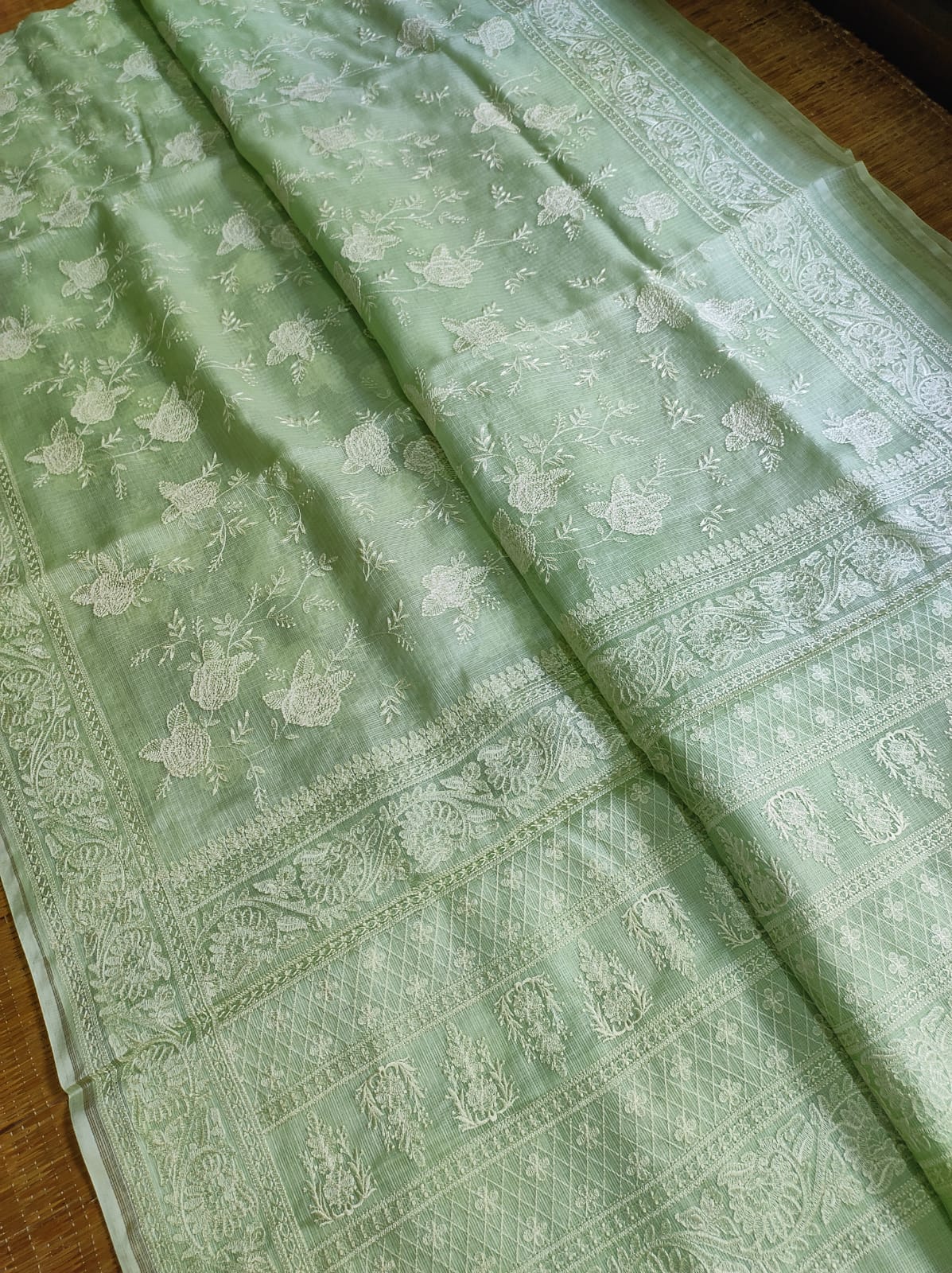Pure Tusser Kota Silk Saree with Chikankari Embroidery Work - Resham Wala