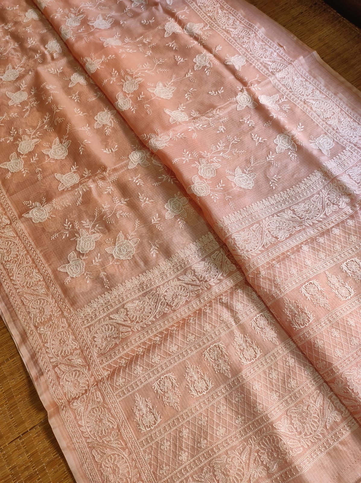 Pure Tusser Kota Silk Saree with Chikankari Embroidery Work - Resham Wala