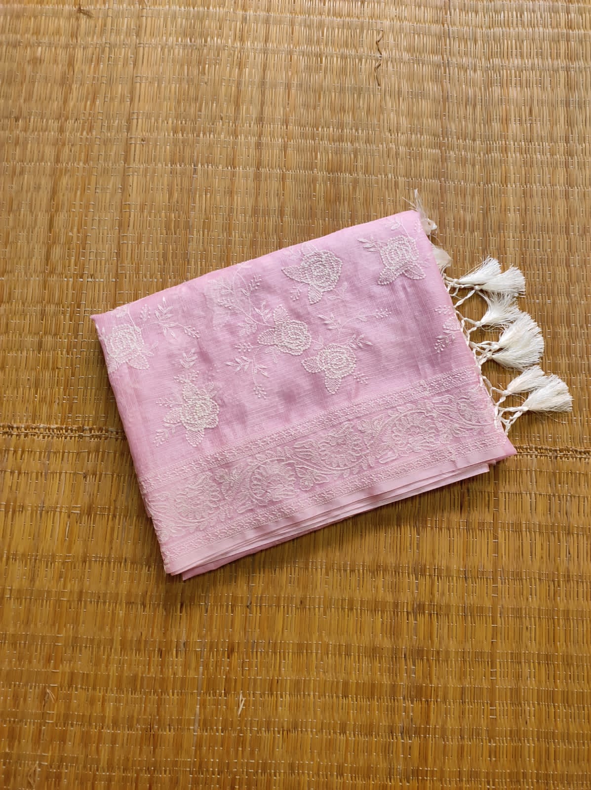 Pure Tusser Kota Silk Saree with Chikankari Embroidery Work - Resham Wala