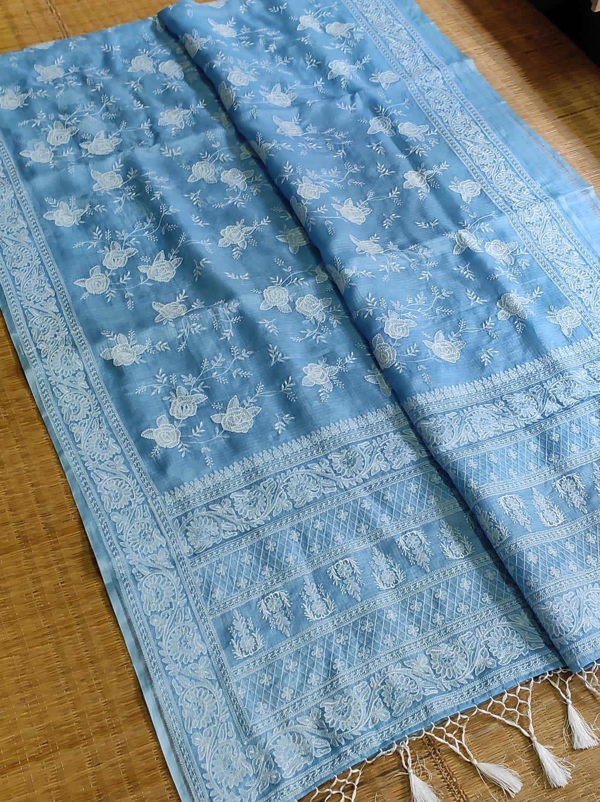 Pure Tusser Kota Silk Saree with Chikankari Embroidery Work - Resham Wala