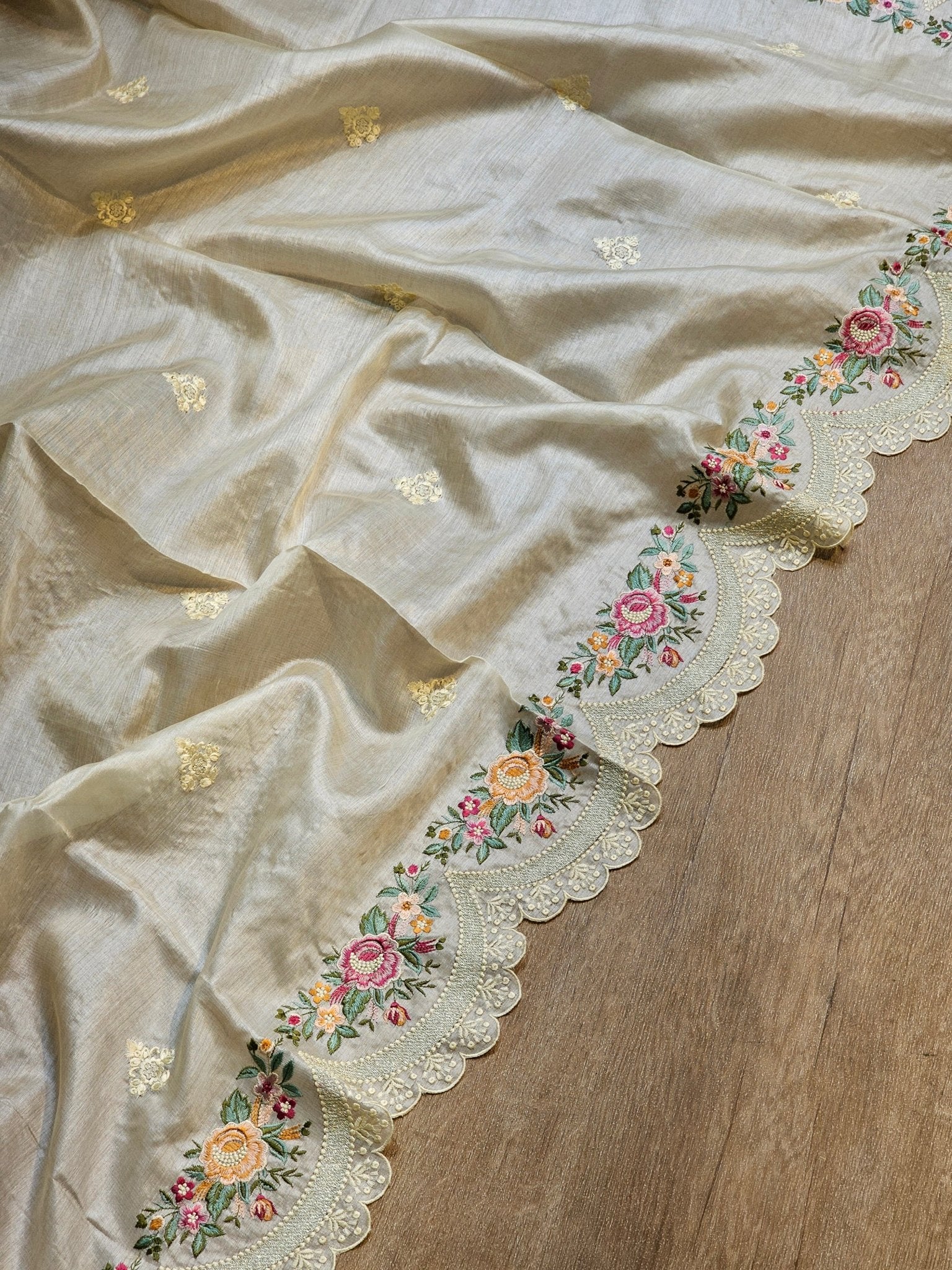 Pure Tusser Silk Multi Floral Embroidery Border Saree with scallop edging and running blouse - Resham Wala