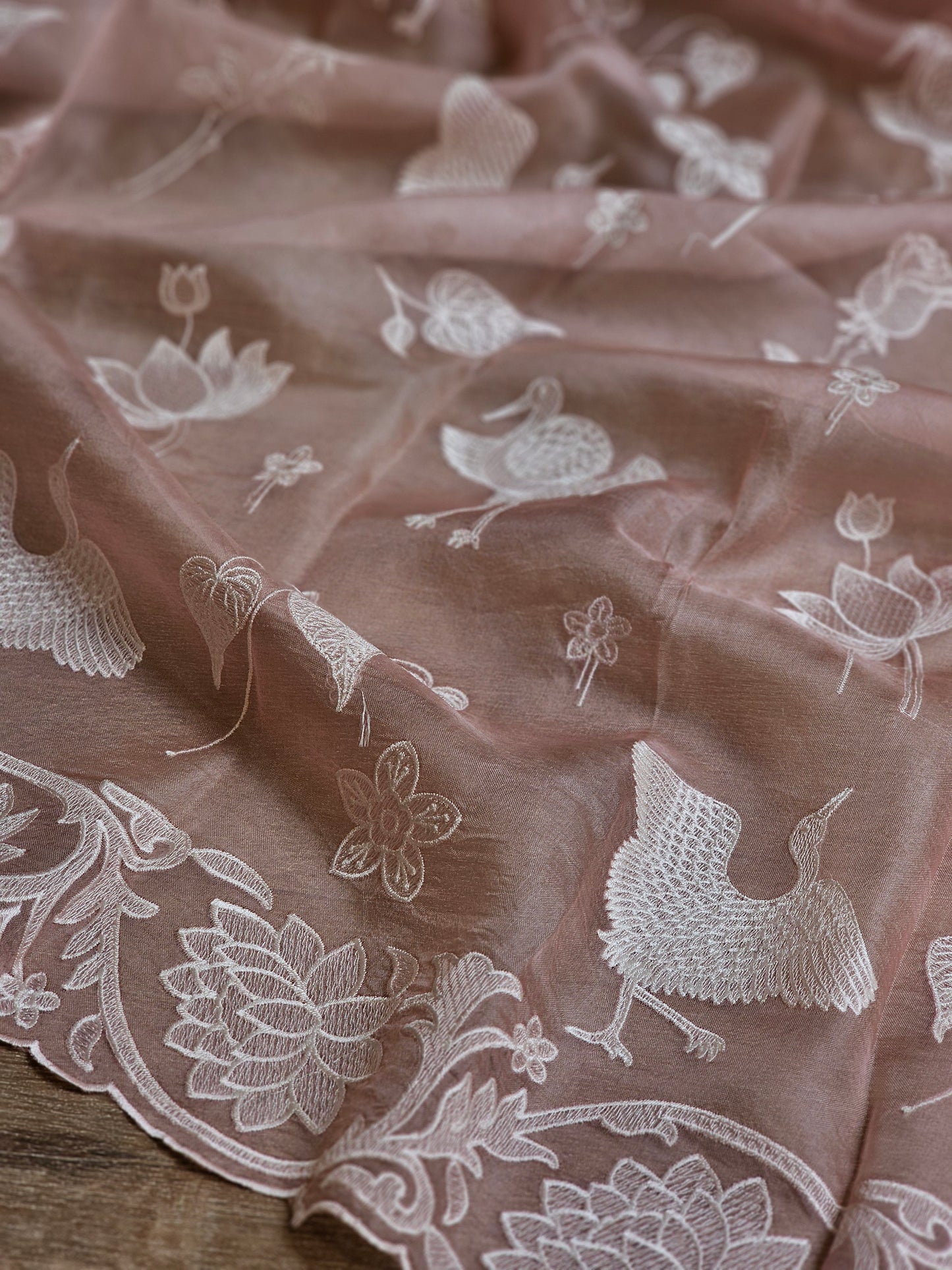 Pure Organza Silk Floral Flamingo Embroidery Cutwork Border Saree with Heavy blouse - Resham Wala