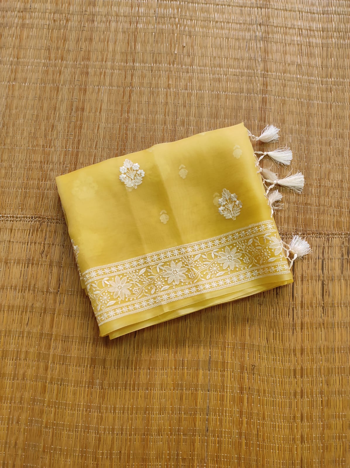 Pure Organza Silk Embroidery Border Buti Saree with special tassels and plain blouse