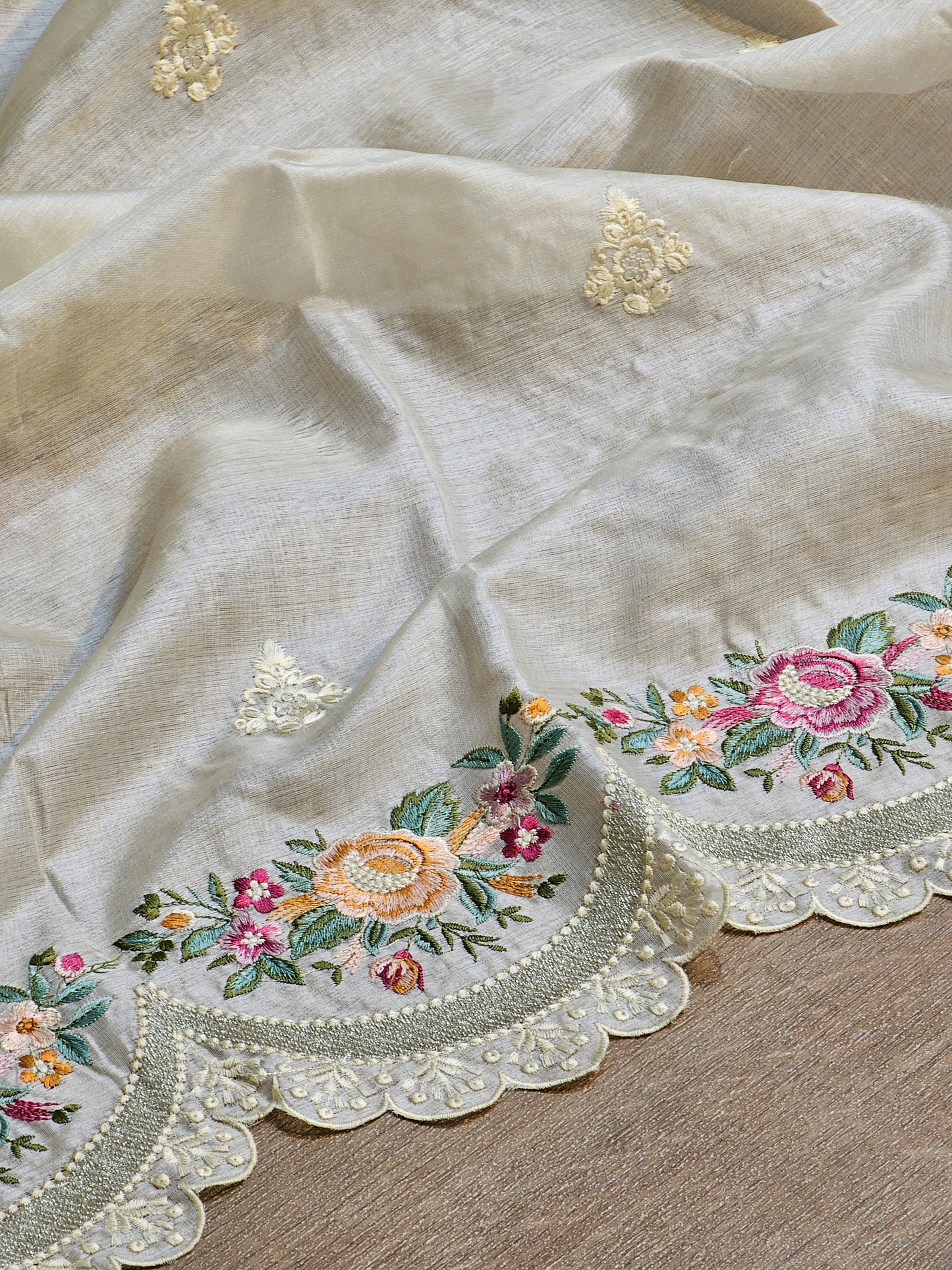 Pure Tusser Silk Multi Floral Embroidery Border Saree with scallop edging and running blouse - Resham Wala