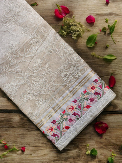 Pure Tissue katan silk floral Embroidery border saree with Embroidery jaal and plain blouse with special tassels - Resham Wala