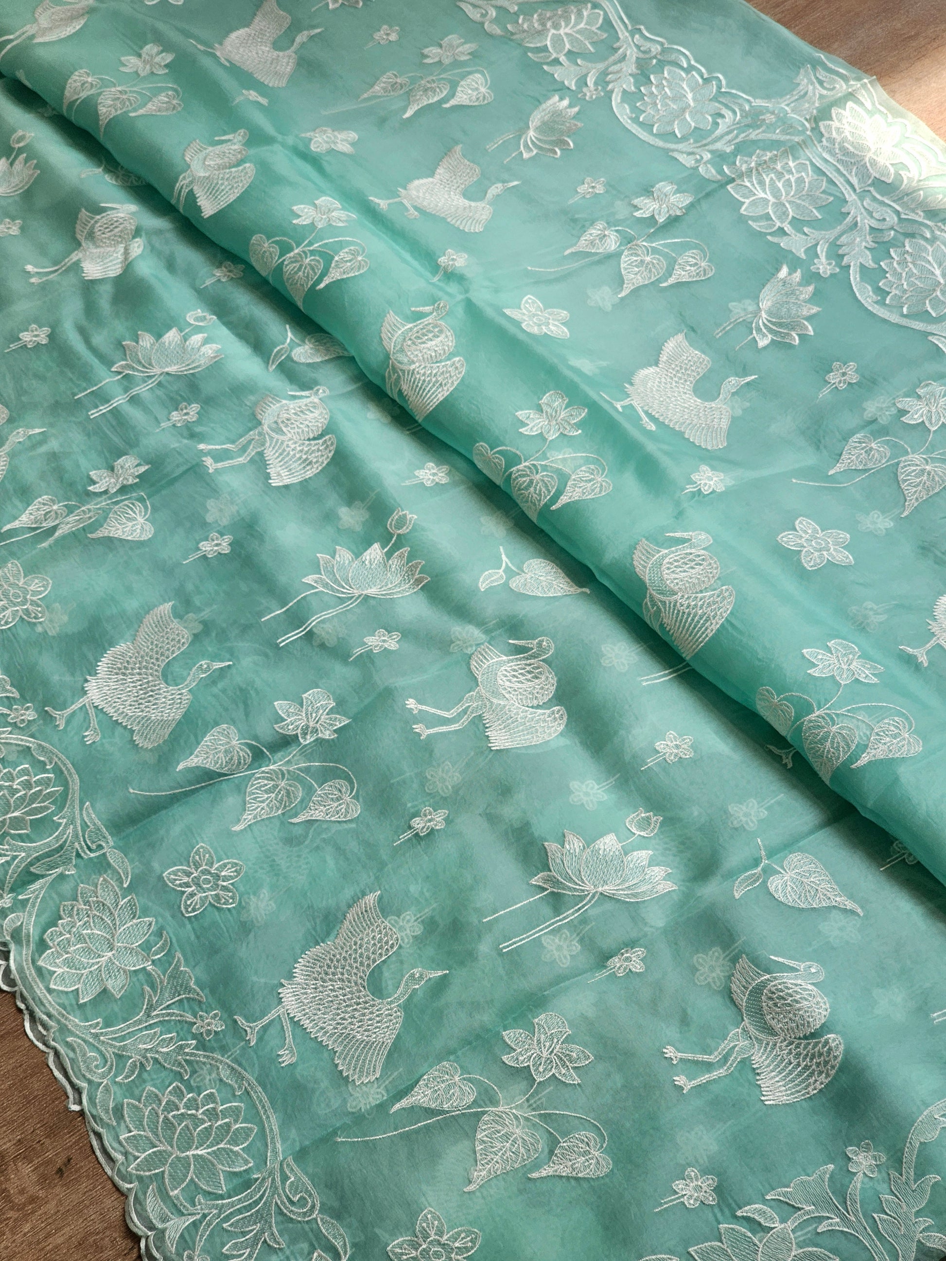 Pure Organza Silk Floral Flamingo Embroidery Cutwork Border Saree with Heavy blouse - Resham Wala